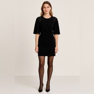 Vintage Erez black suede mini dress w flared short sleeves. Beaded sequined. 6